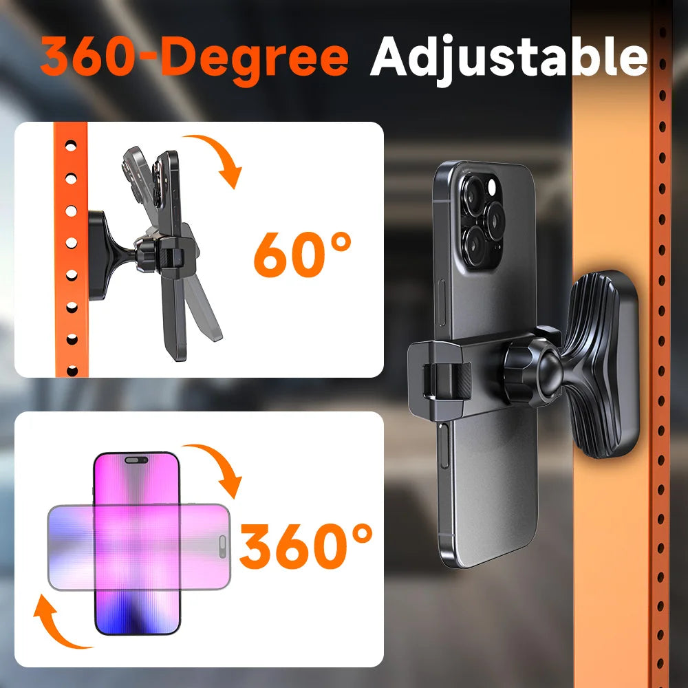 Magnetic Phone Holder, 360° Adjustable Retractable Clamp Universal Hands-Free for Gym, Forklift, Kitchen, Fits All Phones