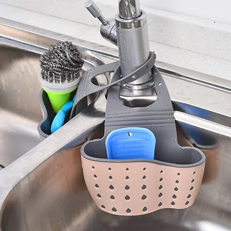 Adjustable Kitchen Sink Sponge Holder with Hanging Drain Basket - 1Pc Kitchen Organizer Gadgets