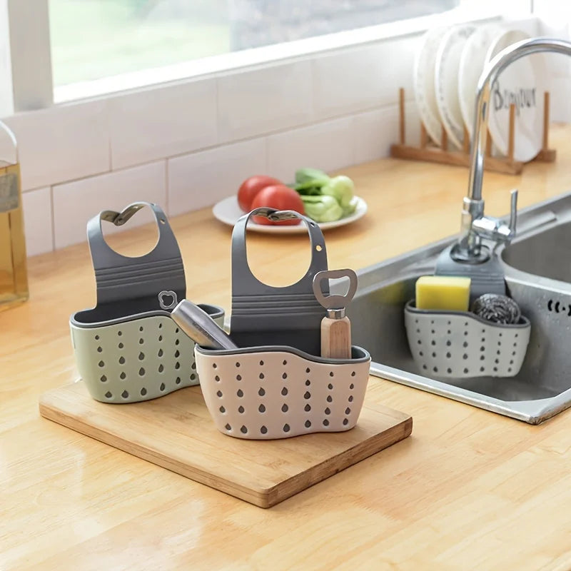 Adjustable Kitchen Sink Sponge Holder with Hanging Drain Basket - 1Pc Kitchen Organizer Gadgets