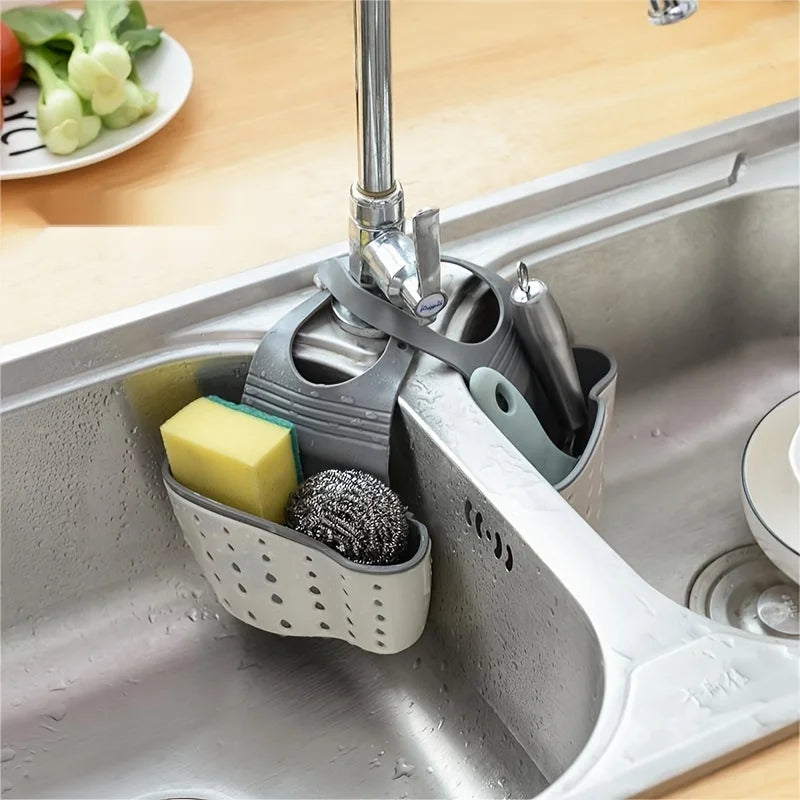 Adjustable Kitchen Sink Sponge Holder with Hanging Drain Basket - 1Pc Kitchen Organizer Gadgets