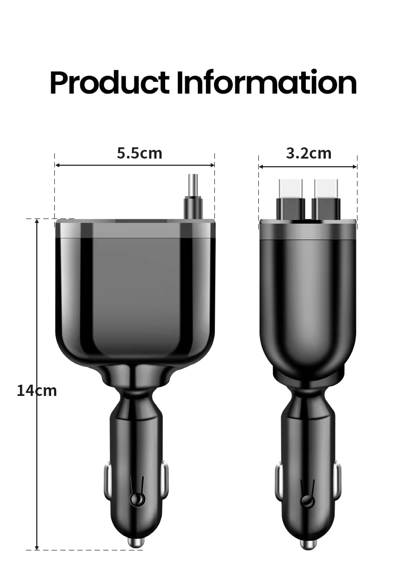 Retractable Car Charger 5 in 1 Fast Charging Car Charger Retractable Cable 2 Type C Ports Car Charger Adapter Compatible
