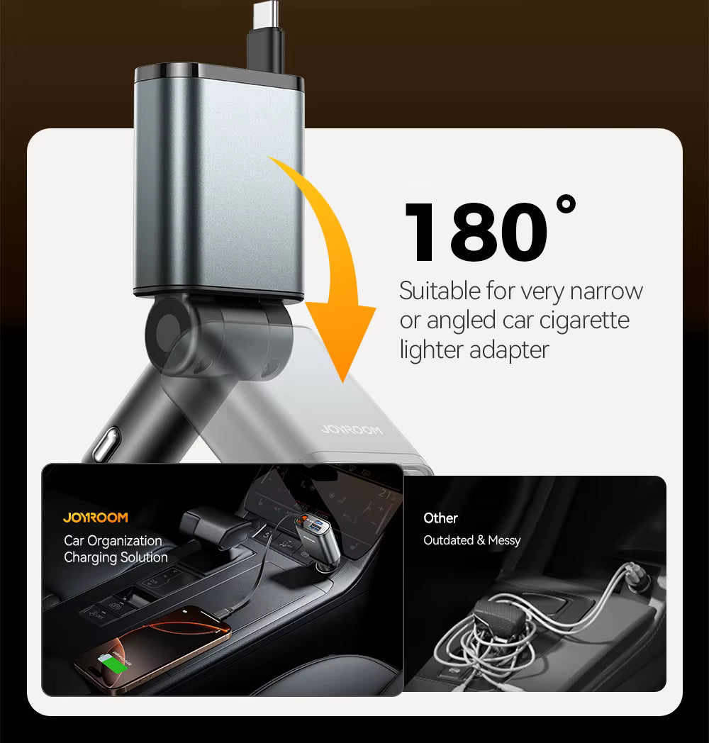 Joyroom 57W USB C Fast Charging Car Charger with Retractable Cable Ultra-Slim 3-Ports Charging Car Charger for Iphone/Samsung