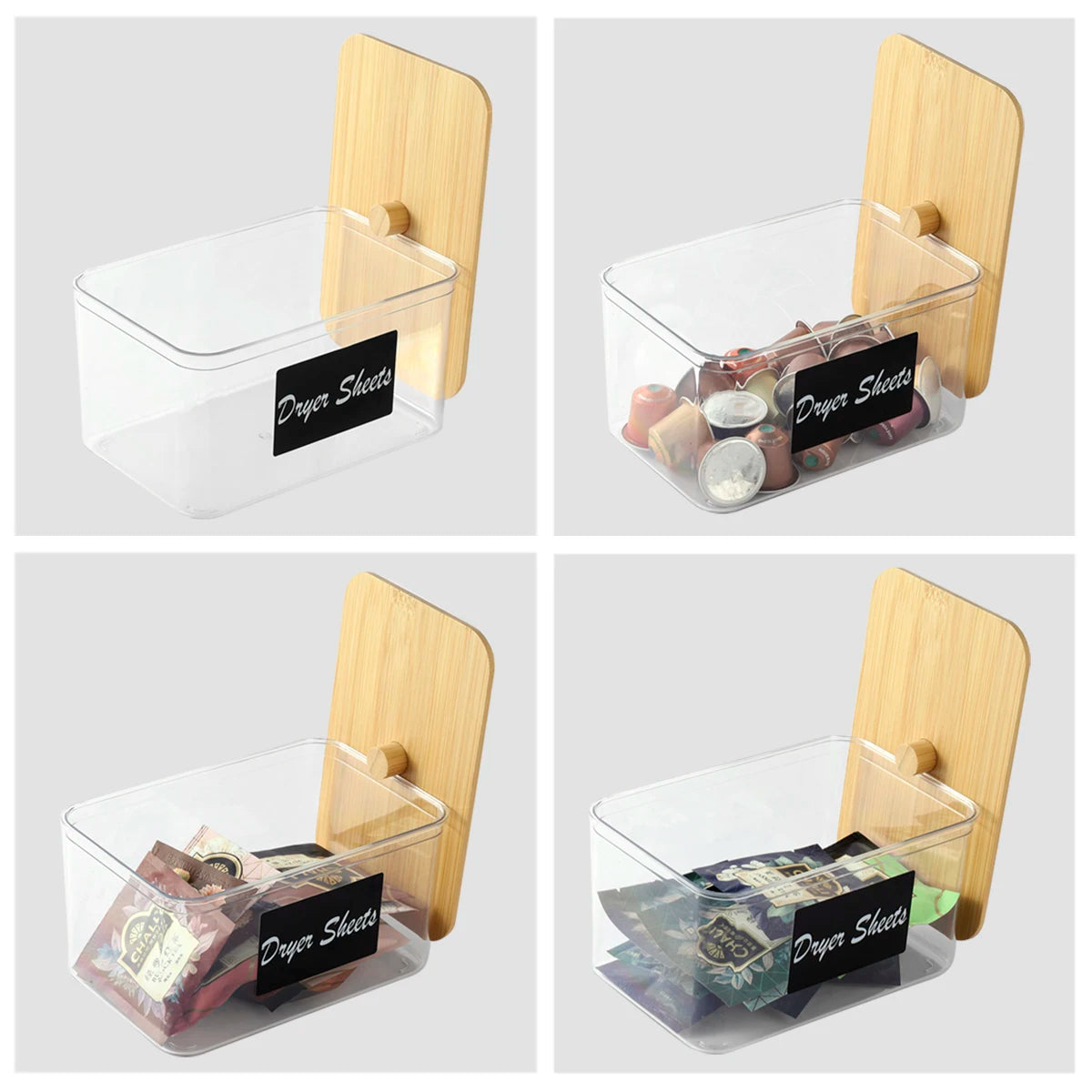 Acrylic Dryer Sheet Holder with Lid, Clear Laundry Sheets Container with Labels, Laundry Pods Storage for Laundry Room Organizat