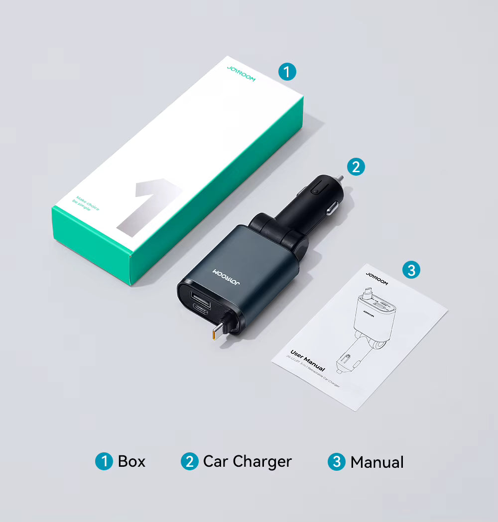 Joyroom 57W USB C Fast Charging Car Charger with Retractable Cable Ultra-Slim 3-Ports Charging Car Charger for Iphone/Samsung