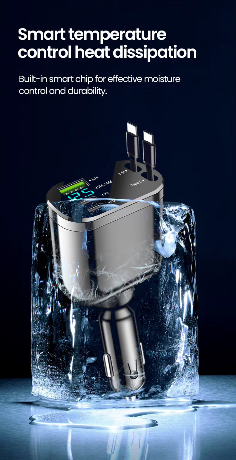 Retractable Car Charger 5 in 1 Fast Charging Car Charger Retractable Cable 2 Type C Ports Car Charger Adapter Compatible