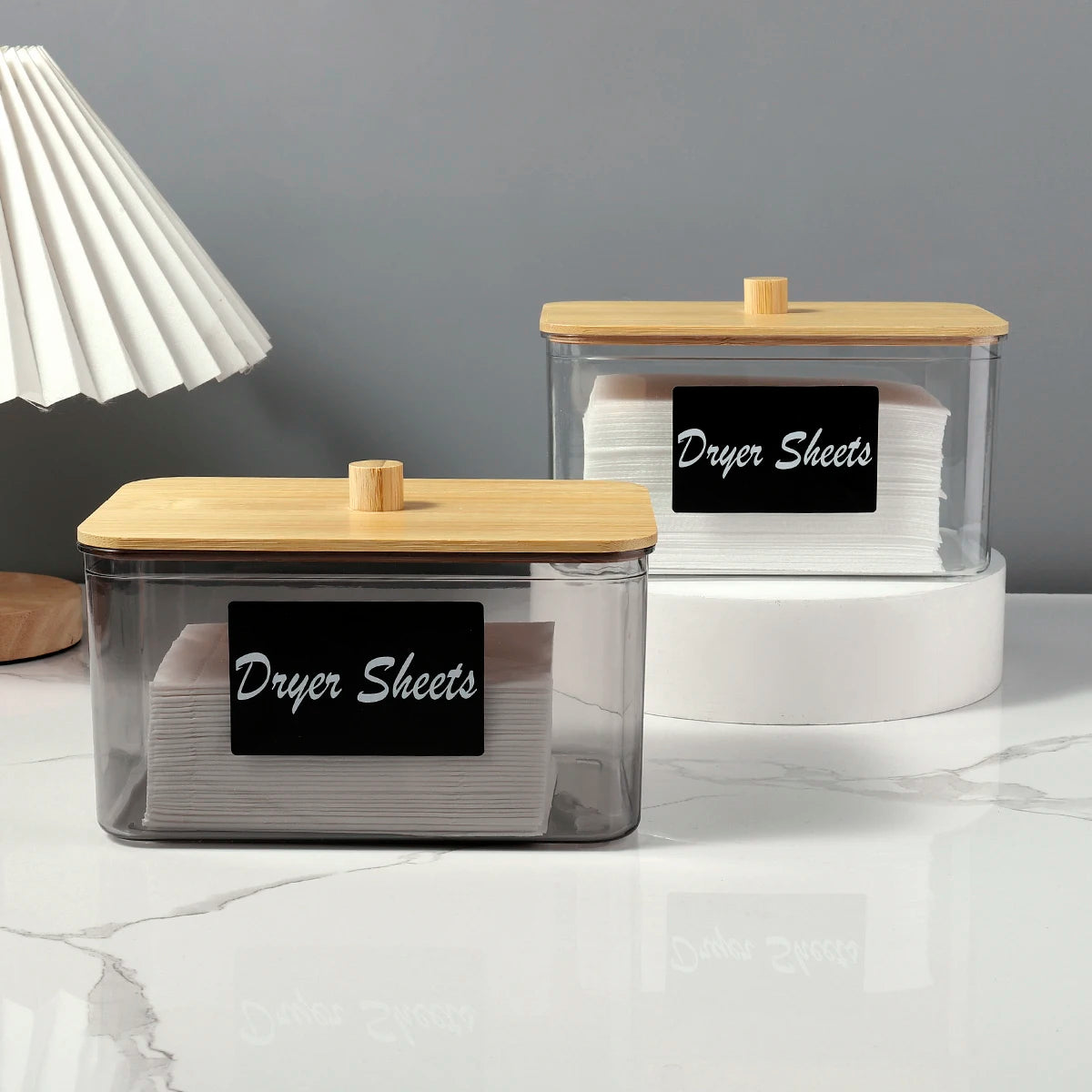 Acrylic Dryer Sheet Holder with Lid, Clear Laundry Sheets Container with Labels, Laundry Pods Storage for Laundry Room Organizat
